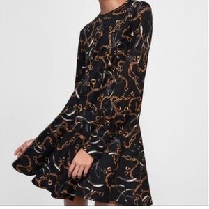 Zara Chic Black and Gold Chain Print Dress size S